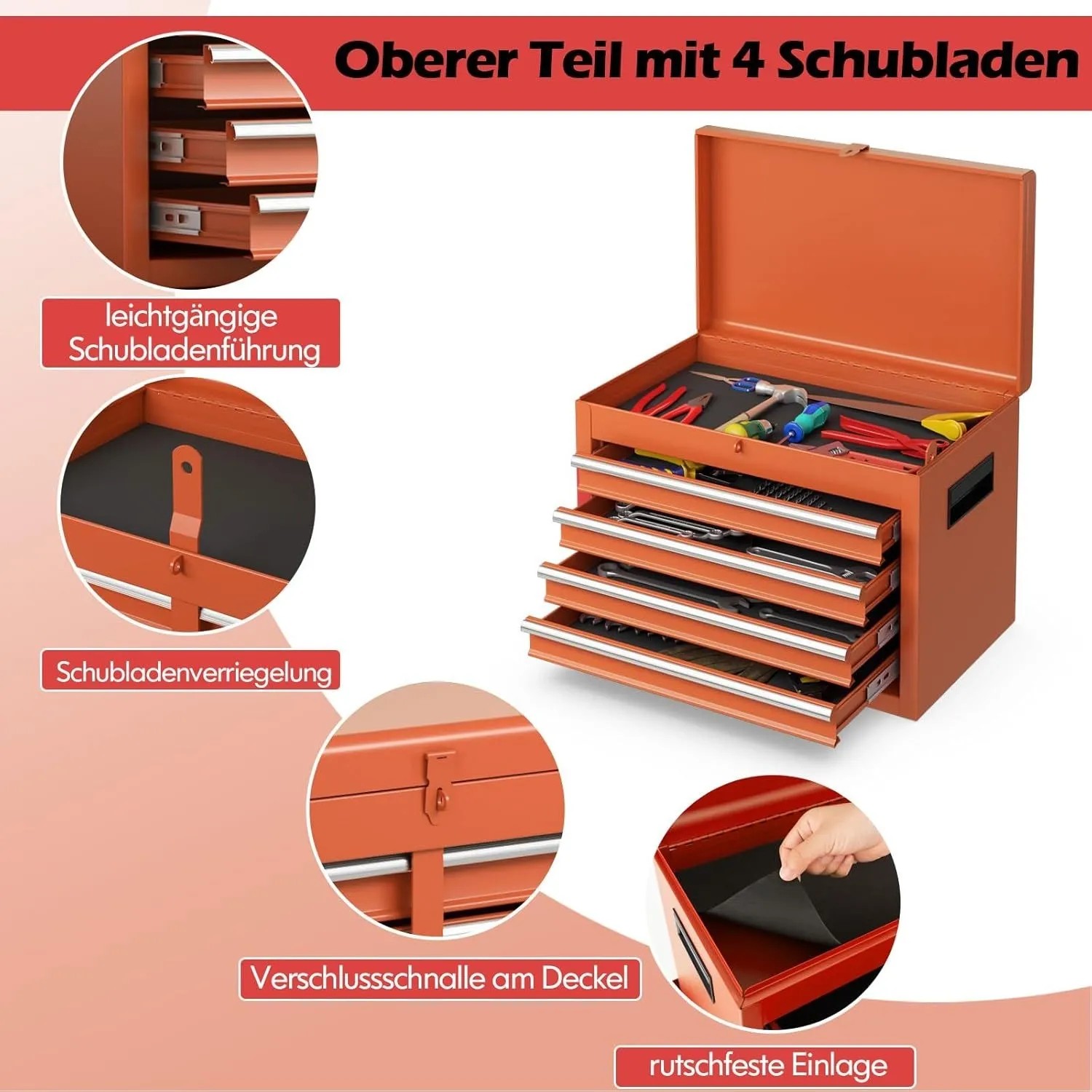Oranger Werkzeugkoffer mit 4 Schubladen und offenem Fach. Zeigt leichtgängige Führung, Deckelverschluss und rutschfeste Einlage.