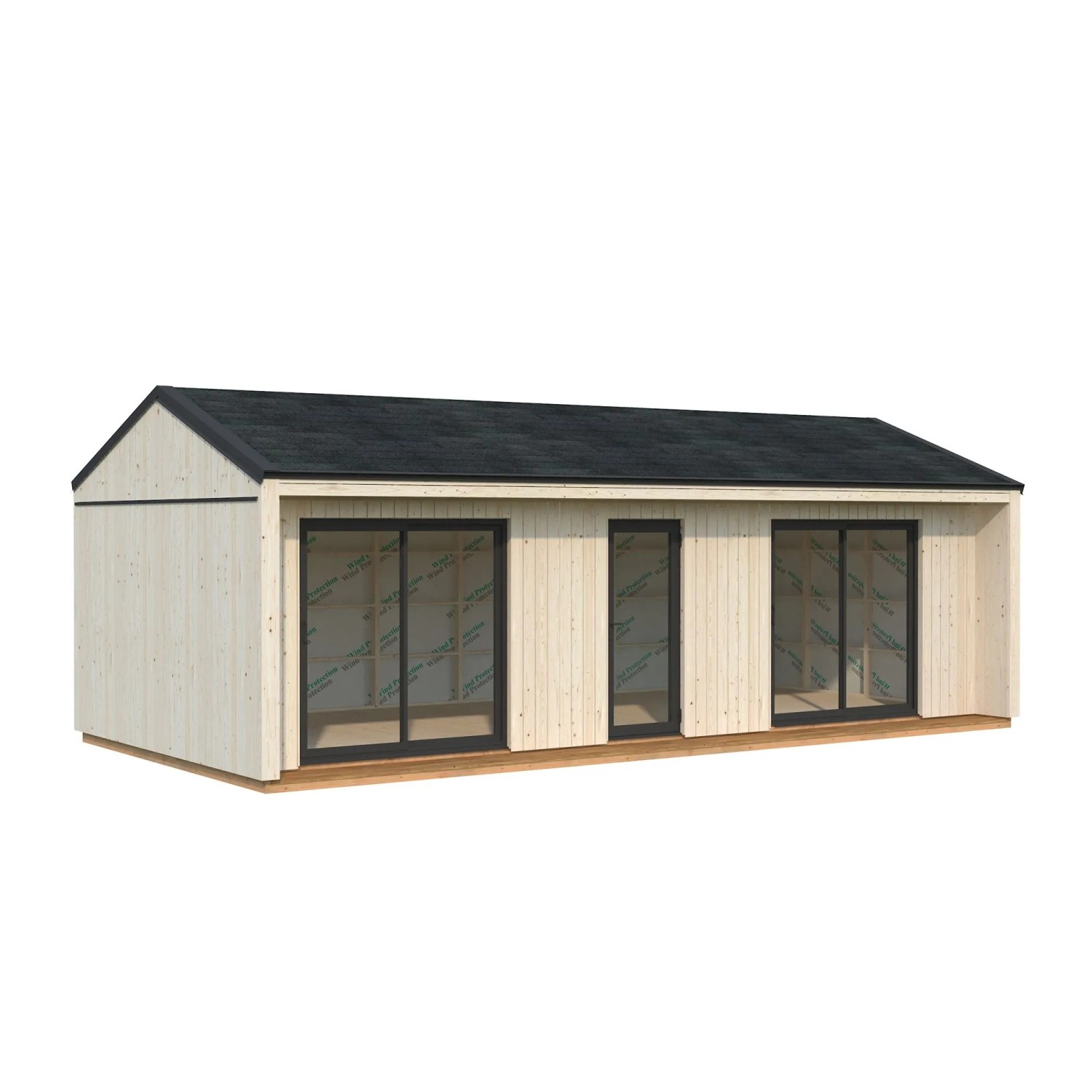 Palmako Holz-Gartenhaus mit Satteldach, unbehandelt, 901x448 cm. Modernes Design mit großen Fensterflächen.