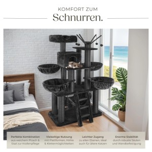 Schwarzer Tectake Kratzbaum Gismo mit Sisal, 195 cm hoch, mit Liegemulden und Katzenhaus.