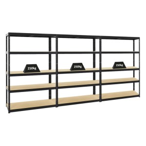 PROREGAL Mega Deal: 3 schwarze Schwerlastregale (180x120x45cm) mit je 5 MDF-Böden, belastbar bis 250kg.