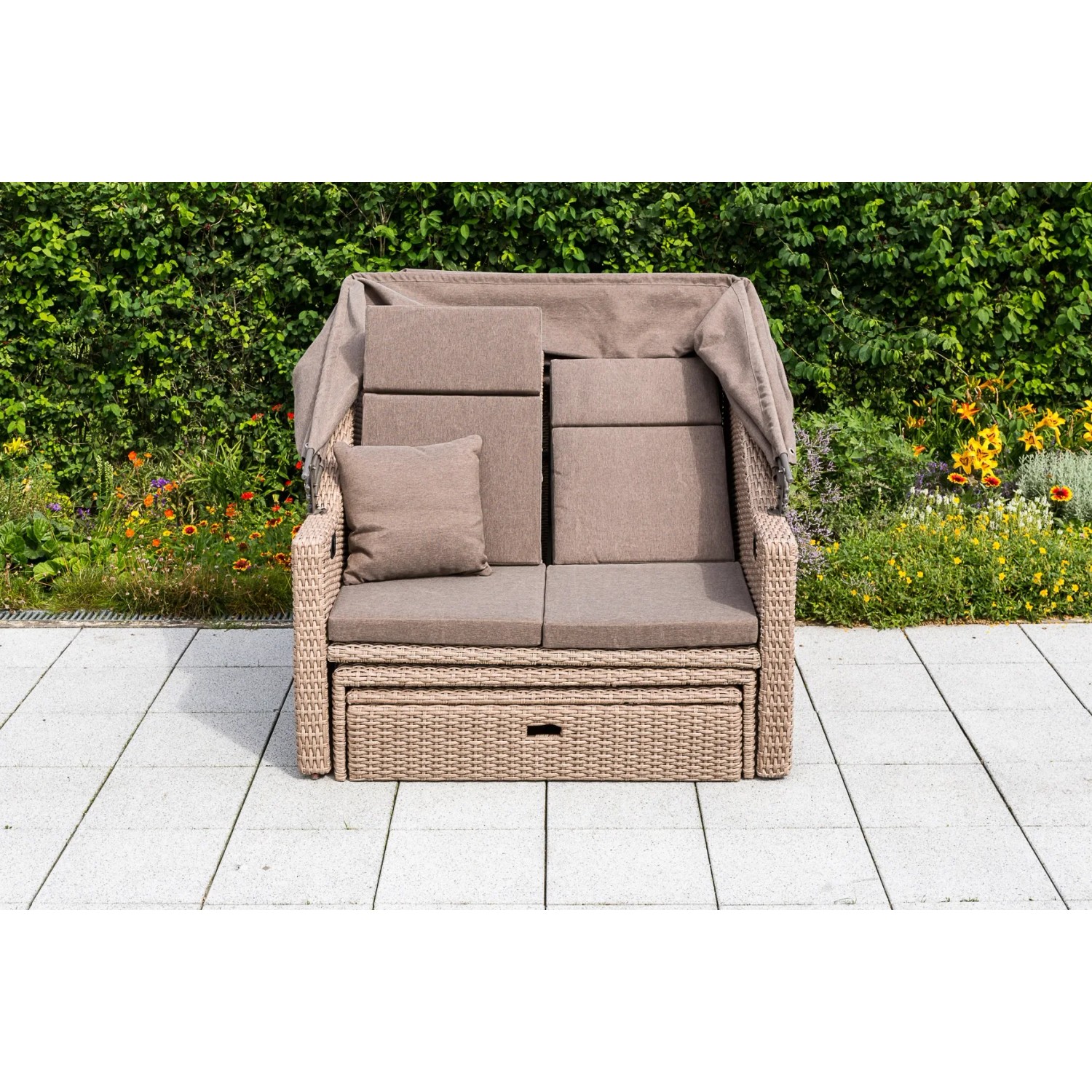 Gartenbank Rimini Natur mit Hülle, verstellbare Rückenlehne, Polyrattan Lounge-Gartenmöbel.