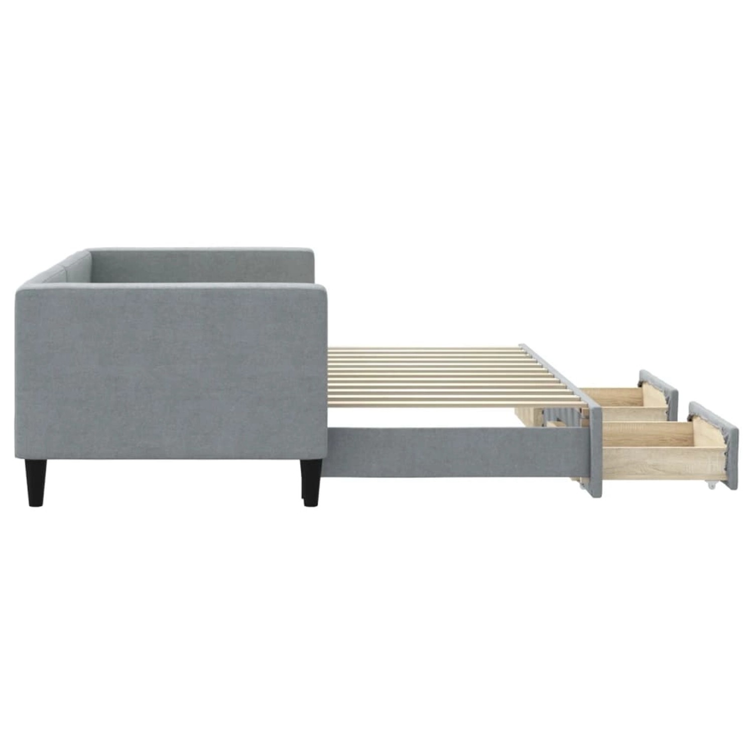 Ausgezogenes hellgraues vidaXL Tagesbett mit Schubladen. Bett mit Lattenrost und zwei Schubladen.