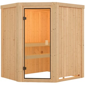 Karibu Sauna Faurin mit Eckeinstieg und bronzierter Glastür. Massivholzsauna für den Innenbereich.