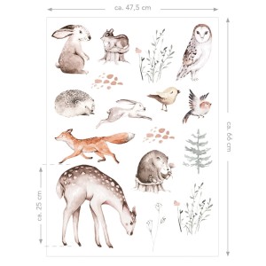 ESTAhome Wandtattoo Waldtiere braun (47,5x66cm) mit Reh, Fuchs, Hase, Eule, Igel und Vogel.