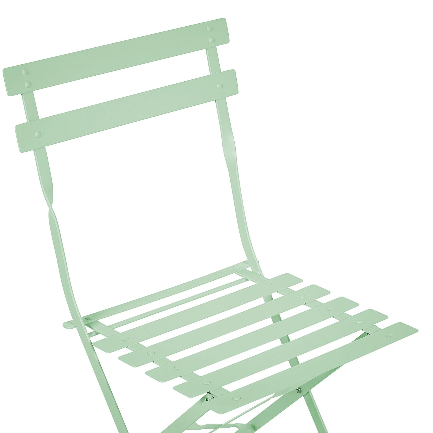 Mintgrüner Metall-Klappstuhl mit Lattenrost, Teil des Beliani Bistro Sets für Gartenmöbel.