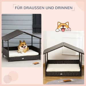 Braune PawHut Hundeliege aus PE Rattan mit Dach und hellem Kissen, erhöht, für Outdoor & Indoor.