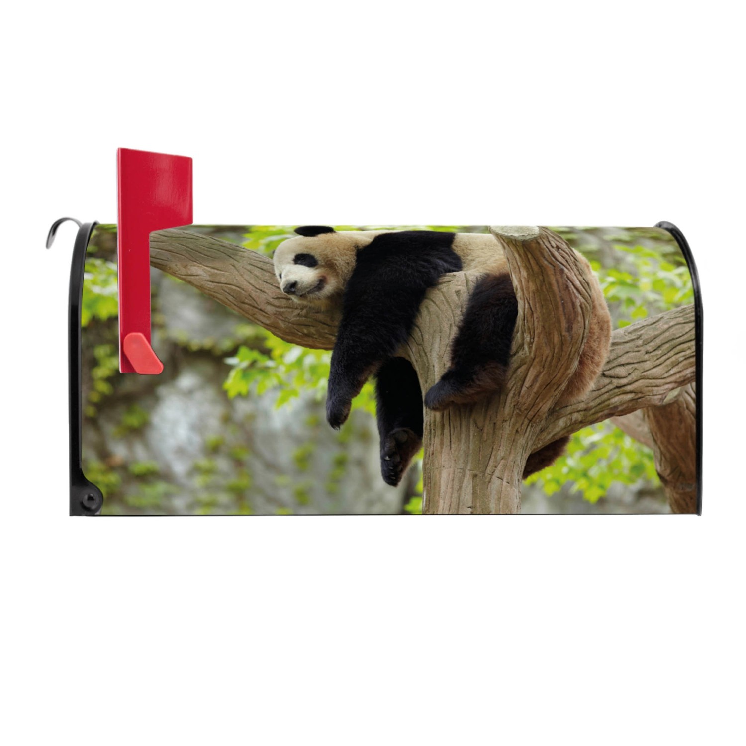 Schwarzer US Briefkasten mit Panda Motiv. Stahl, pulverbeschichtet, mit roter Fahne.