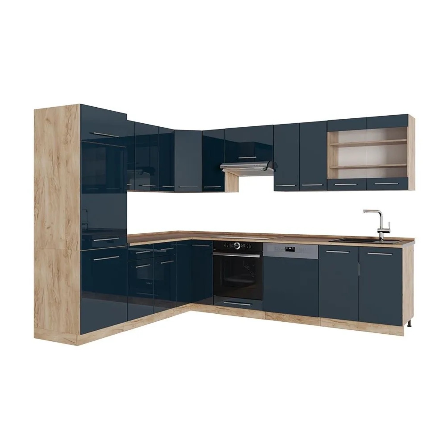 Vicco Eckküche Fame-Line Dunkelblau Hochglanz/Goldkraft Eiche 287 x 82, AP Eiche