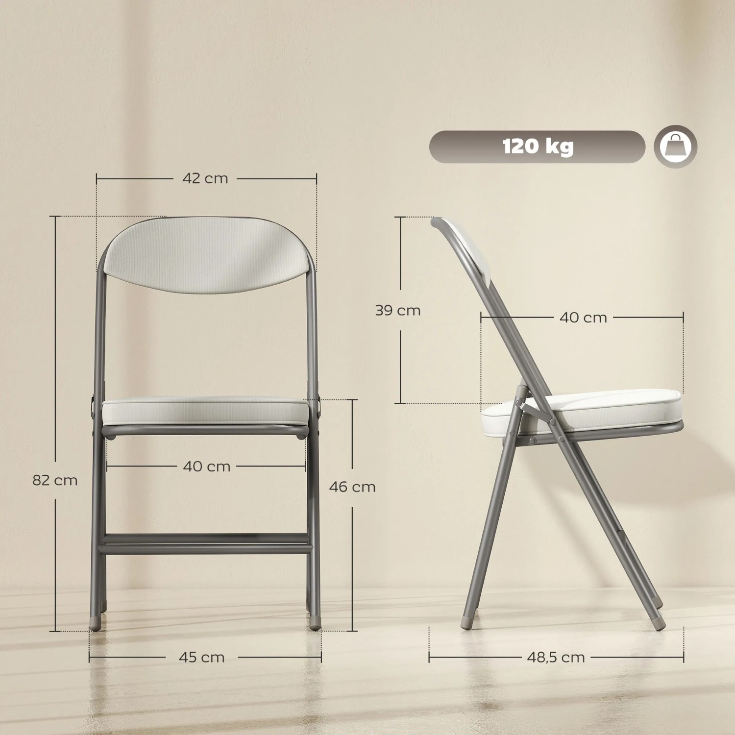 HOMCOM Klappstuhl, cremeweiß, mit Maßangaben. Esszimmerstuhl aus Stahl und Polyester.