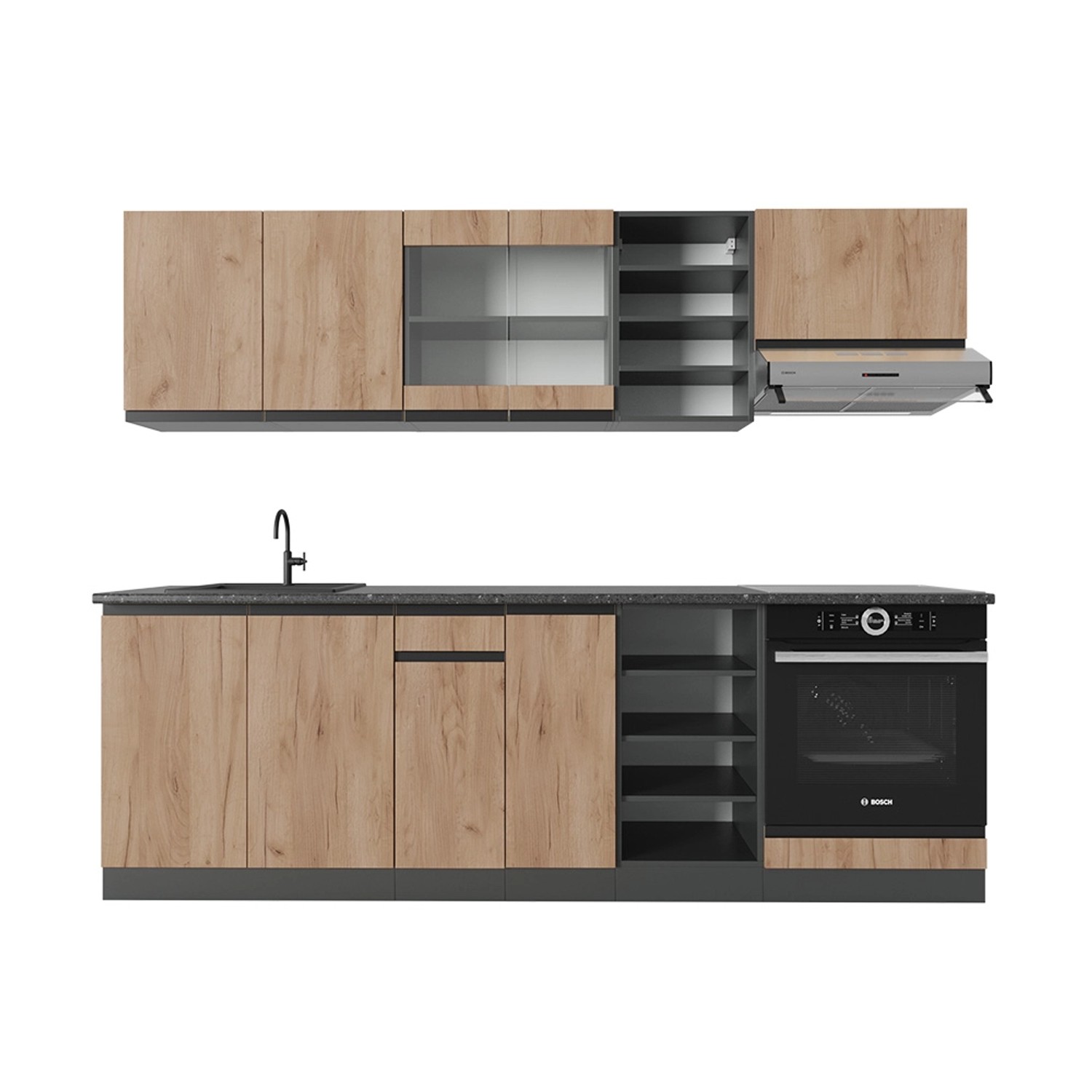 Vicco R-Line Küchenzeile Goldkraft Eiche/Anthrazit 240 cm J-Shape günstig online kaufen