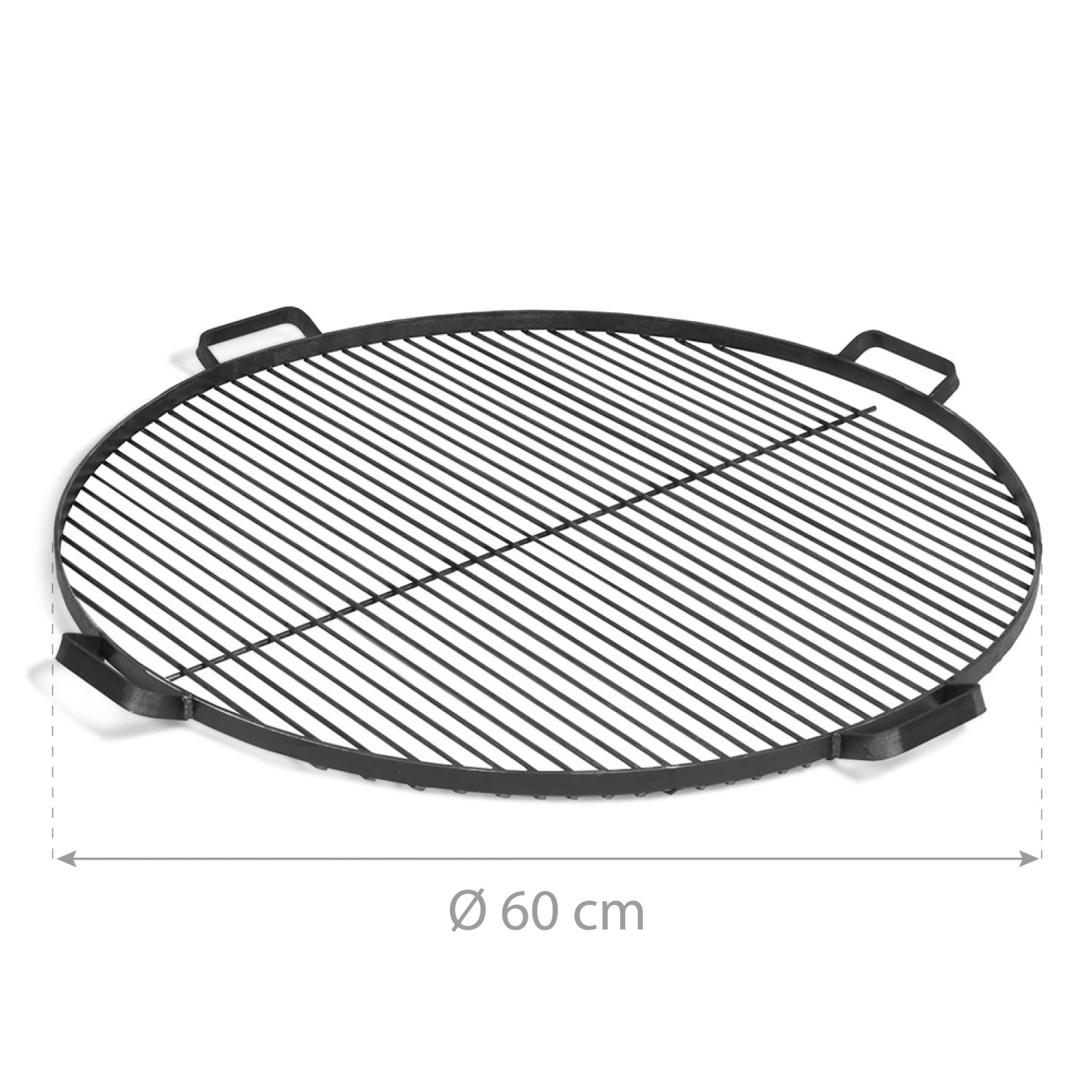 Schwarzer CookKing Grillrost aus Stahl, Ø 60 cm, mit 4 Griffen für Feuerschalen.