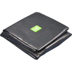 Zusammengefaltete, schwarze EXIT Premium Pool Abdeckplane für Pools mit ø 488 cm.