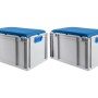 Sparset: 2 graue Euroboxen mit blauem Sitzkissen, 65 Liter. Aufbewahrungsboxen für Werkstatt, Lager oder Garage.
