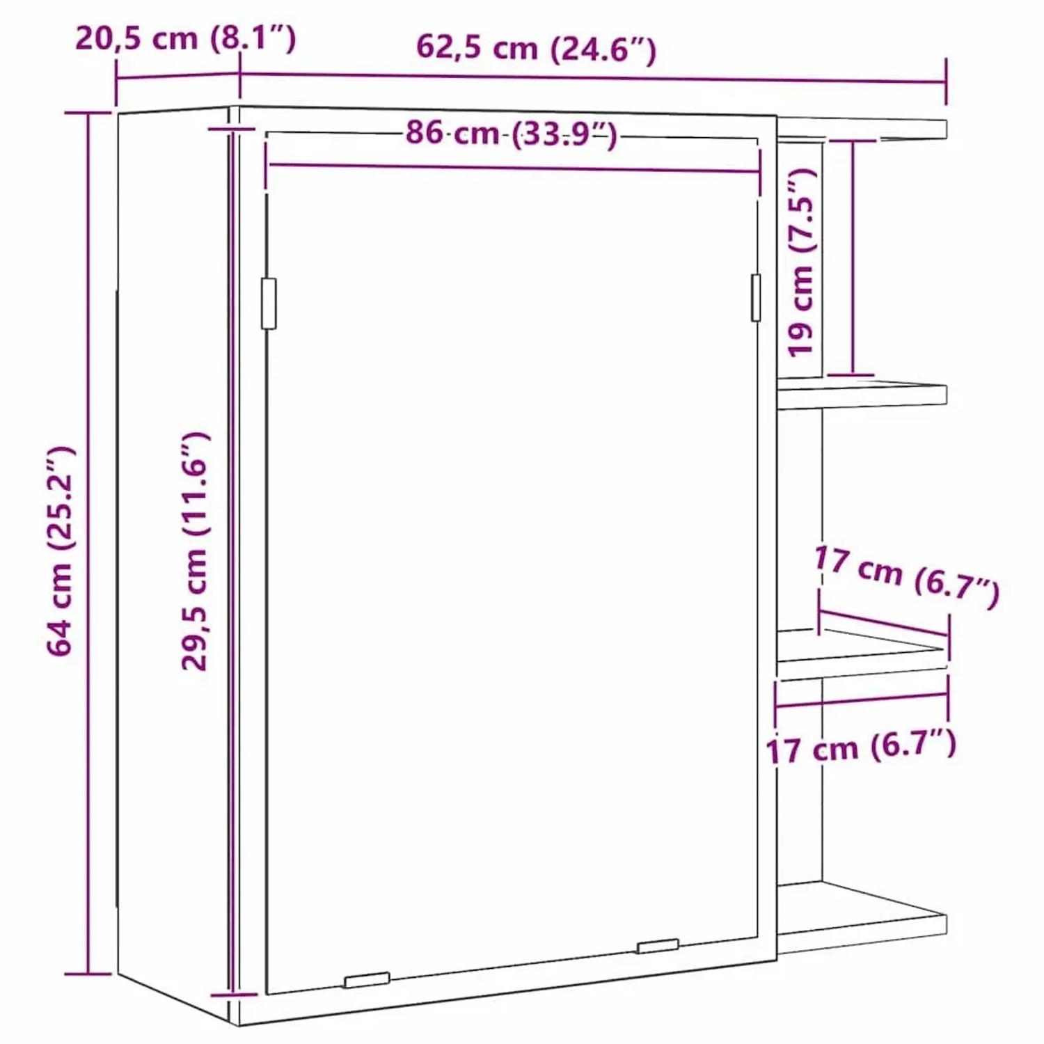 vidaXL Spiegelschrank mit Regal, schwarz Eichenoptik, Maße: 62,5x20,5x64cm.