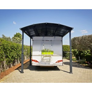 Canopia Carport Arcadia Alpine 6400 in Anthrazit mit Wohnwagen. Robuste Aluminium-Konstruktion.