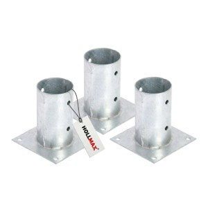 Drei HOLLMAX verzinkte Aufschraubhülsen, 80mm Pfostenträger silber für Rundholzpfosten. Ideal für feste Untergründe.