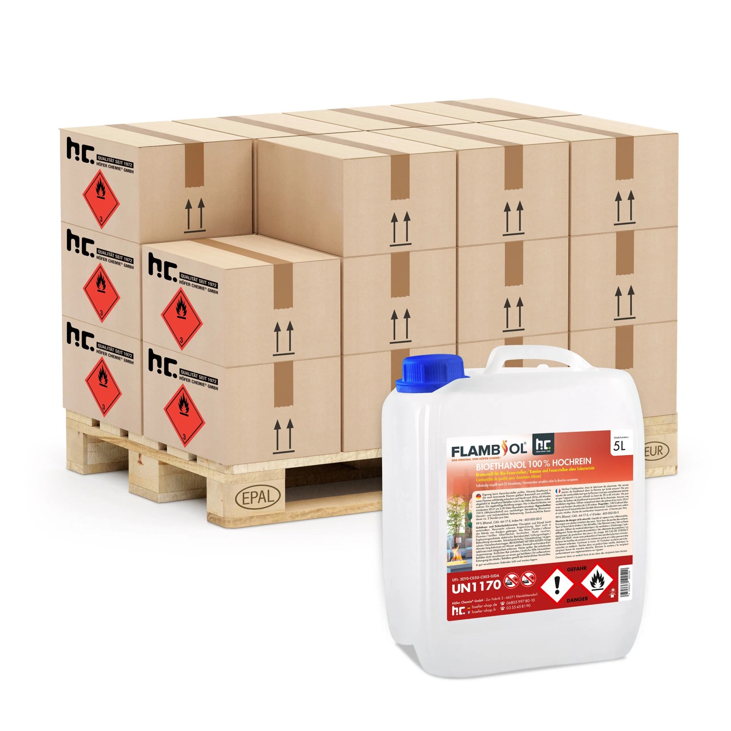 Flambiol Bioethanol 100% hochrein, 8 Kanister à 5l auf Palette. Brennstoff für Kamine & Deko-Feuer.