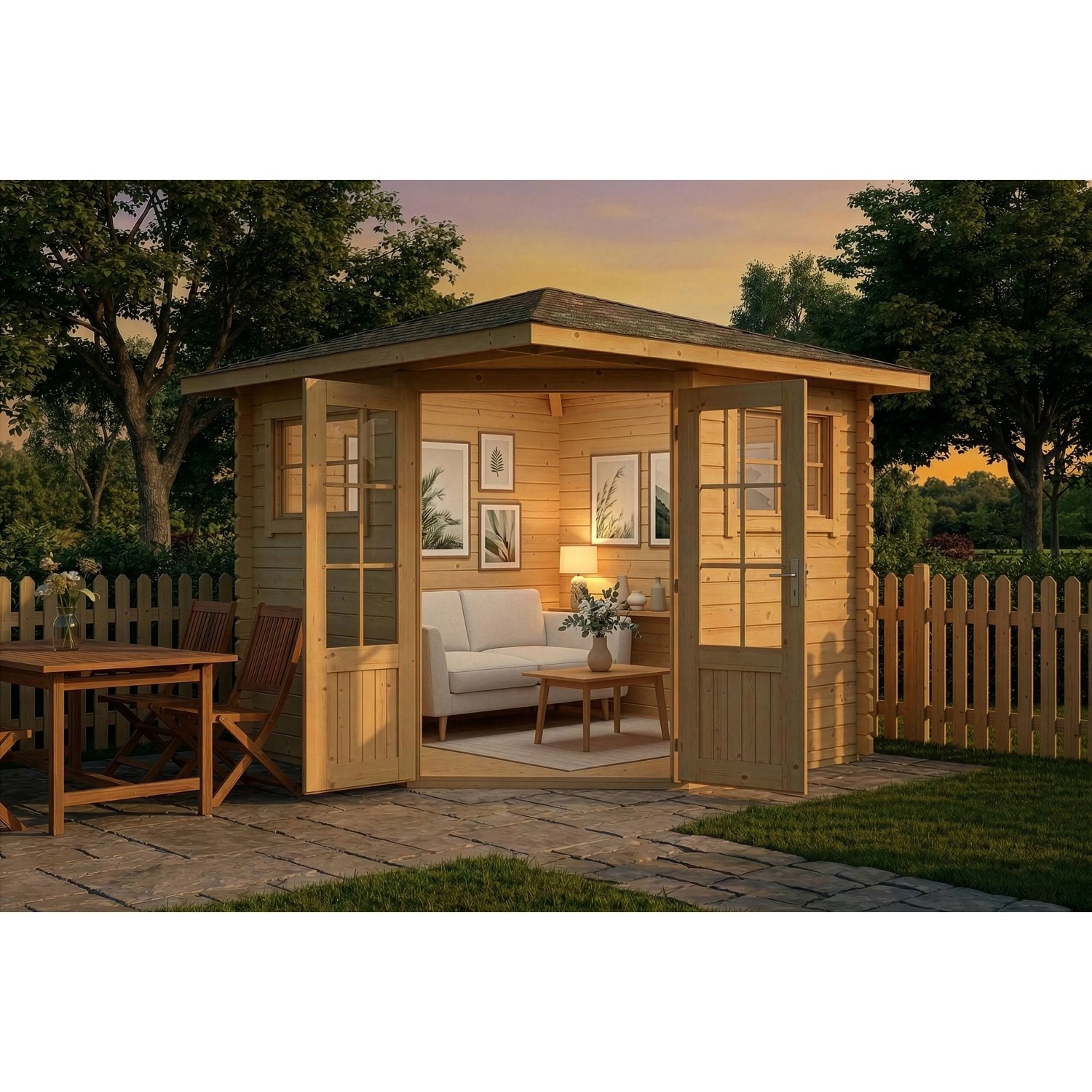 Unbehandeltes Alpholz 5-Eck Gartenhaus Sunny-B mit Spitzdach, 230x224 cm, mit geöffneten Türen und Gartenmöbeln.