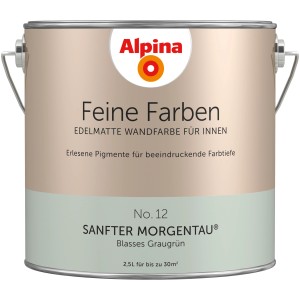 Farbeimer Alpina Feine Farben No. 12 Sanfter Morgentau®, grau-grüne, edelmatte Wandfarbe.