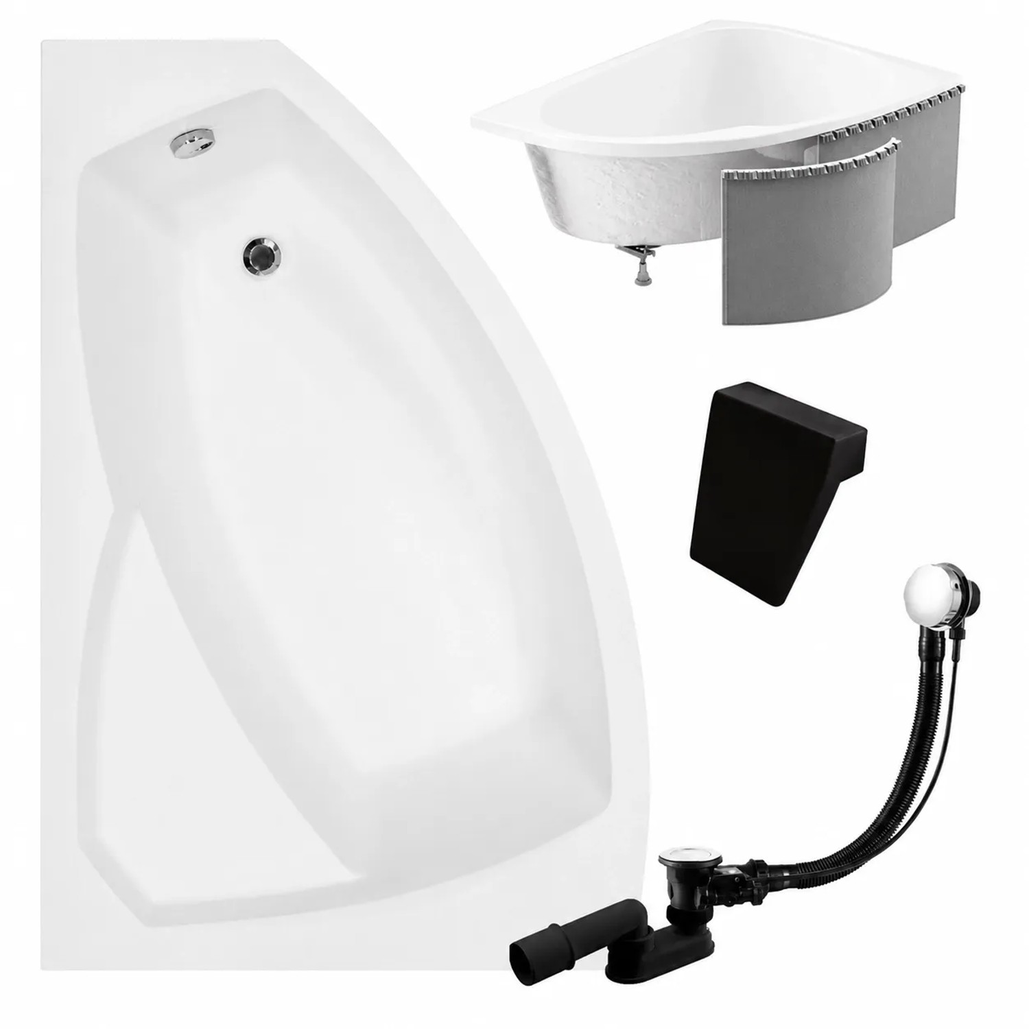 KOLMAN Badewanne Eckwanne 150 x 95 Cm Links Mit Styroporverkleidung Und Schwarzer Kopfstützen Inkl. Ablauf Und Füße