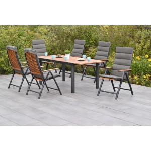 Merxx Athos Gartenmöbelset, 13-teilig: Ausziehtisch und 6 Klappsessel mit Auflagen. Lounge-Gartenmöbel für 6 Personen.