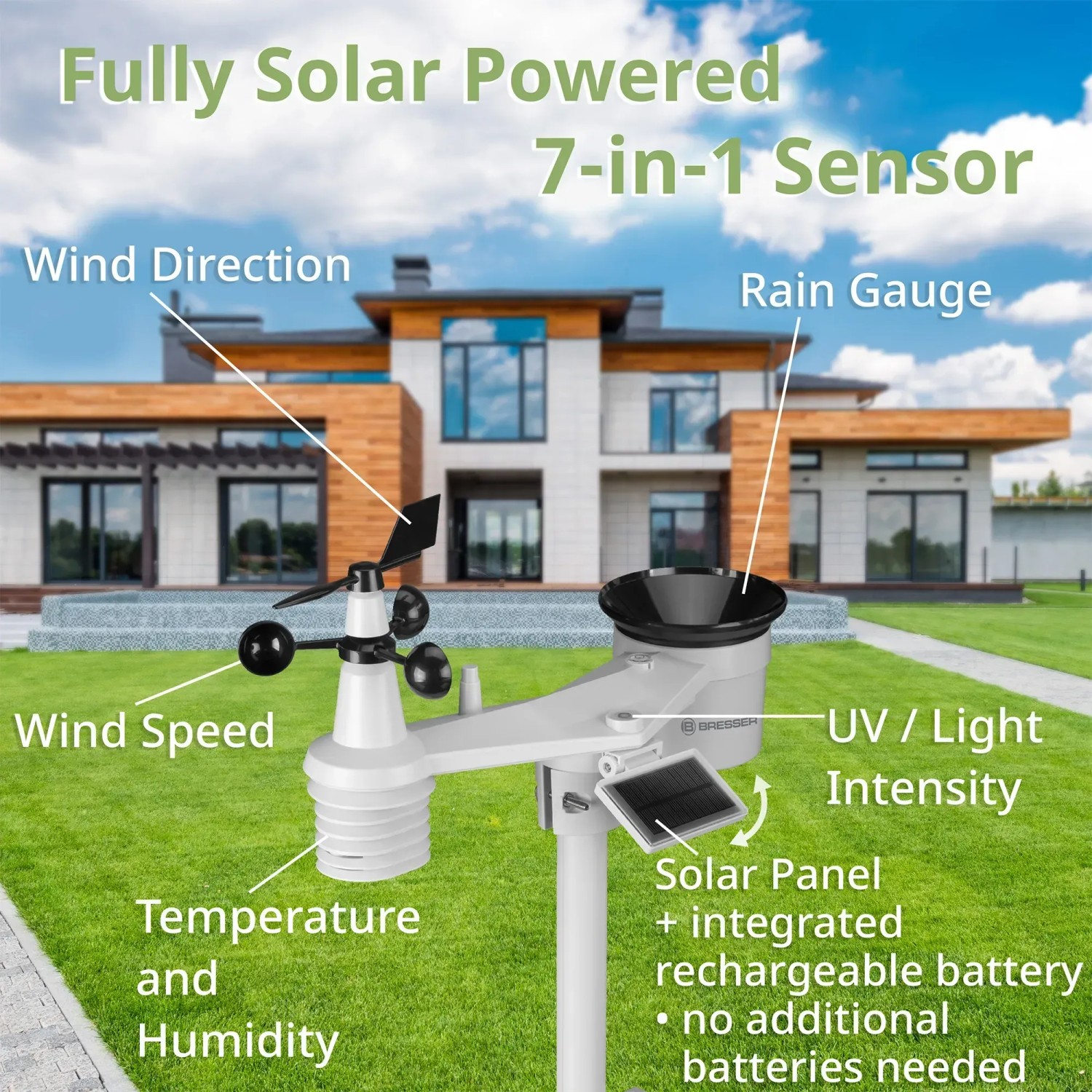 Bresser Solar-Wetterstation 7-in-1: Solarpanel, Windmesser, Regenmesser, UV-Sensor vor Haus.