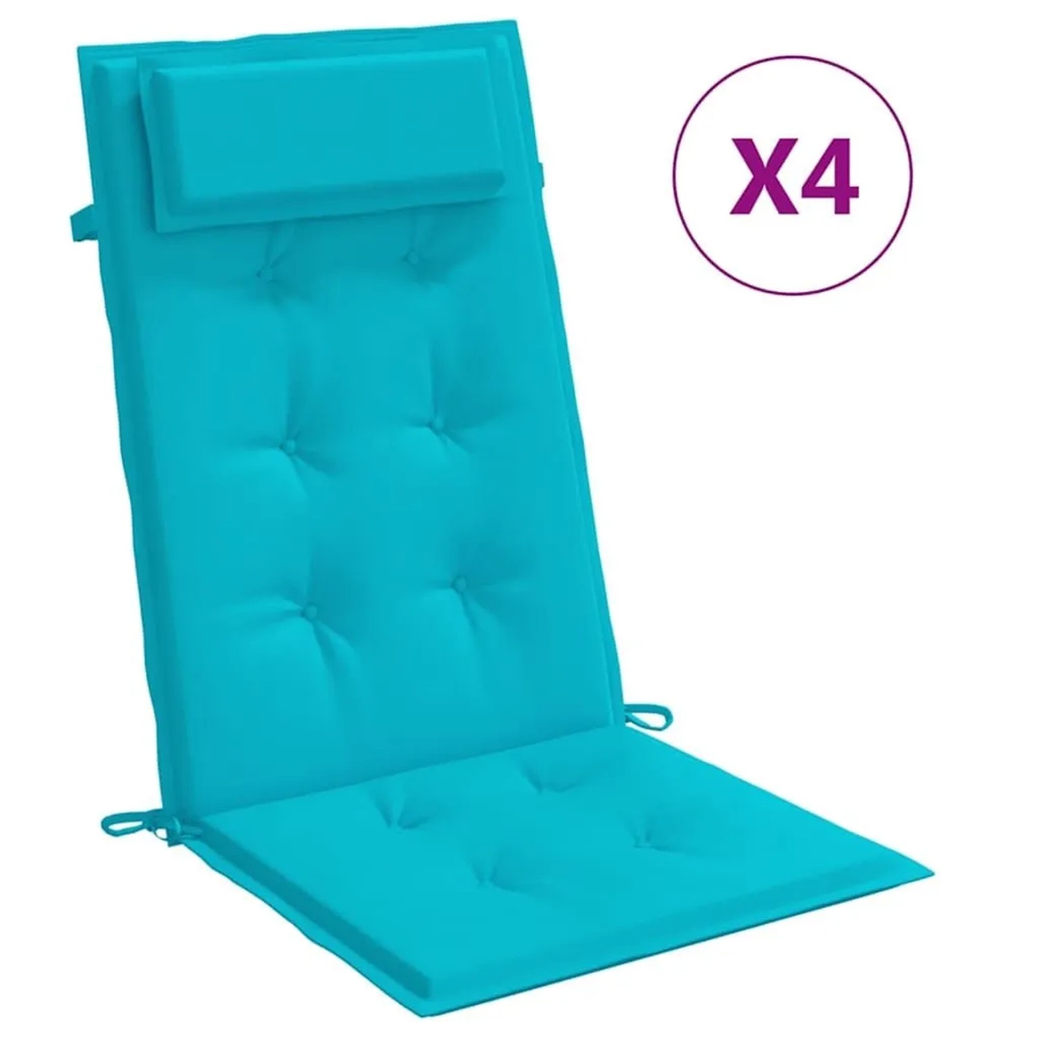 Set aus 4 türkisen Hochlehner-Auflagen aus Oxford-Gewebe mit Kopfpolster und Steppung für Gartenstühle.