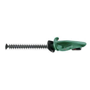 Grüne Bosch Akku-Heckenschere EasyHedgeCut 18V Solo mit langem Präzisionsmesser für präzises Heckenschneiden.