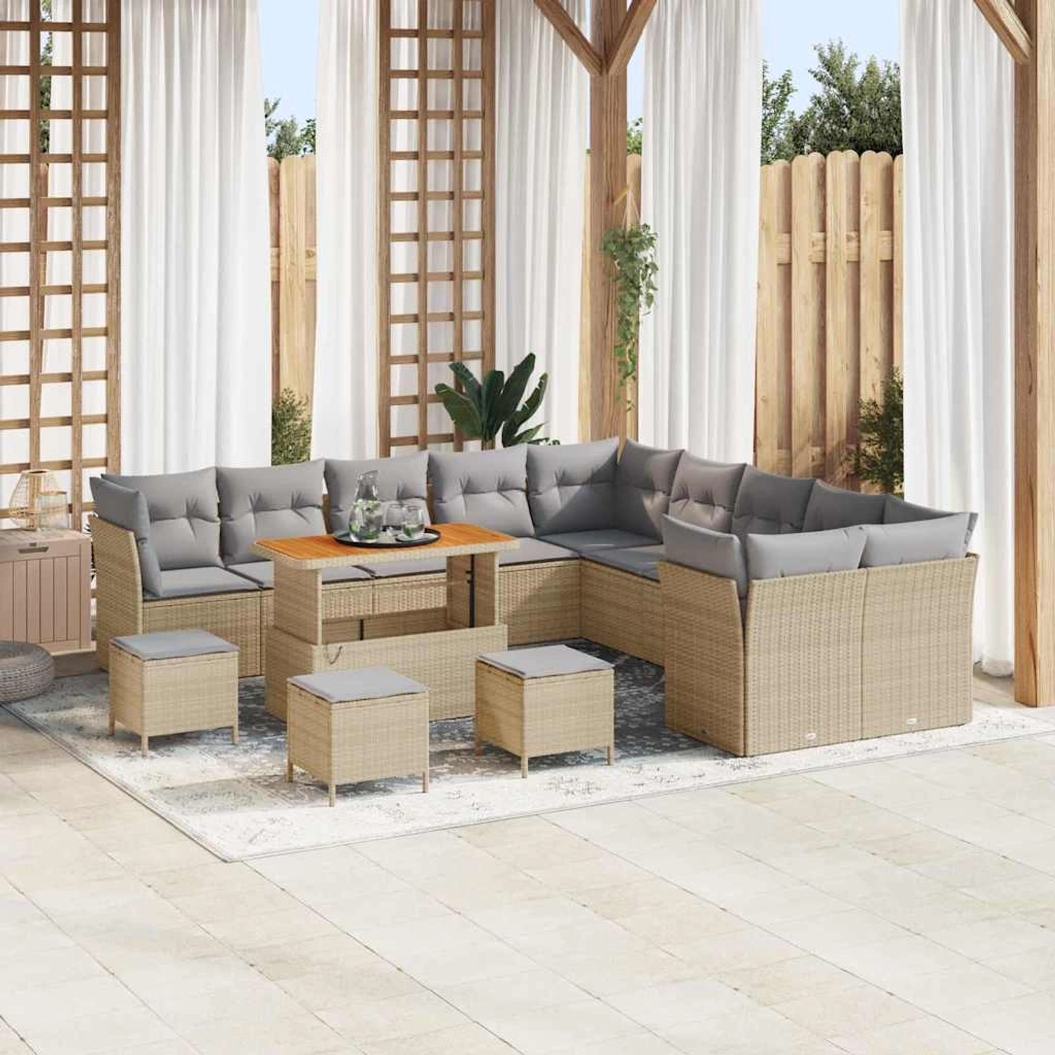 Beiges 14-tlg. vidaXL Garten-Sofa-Set aus Poly Rattan mit Tisch und Hockern.
