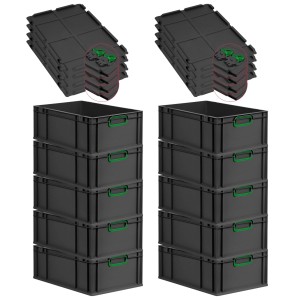 PROREGAL SuperSparSet: 10 Euroboxen Nextgen, schwarz mit grünen Griffen und Scharnierdeckel. Aufbewahrungsboxen.