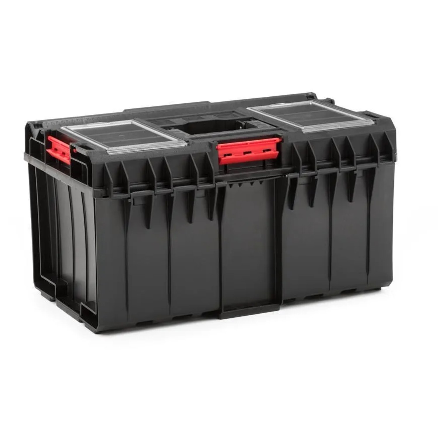 Schwarzer PROREGAL QBRICK Werkzeugkasten One mit transparentem Deckel und roten Klemmverschlüssen.