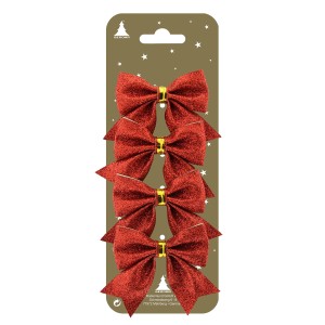 4 rote Deko-Schleifen aus Kunststoff, 7x4,5cm, glitzernd, für Weihnachtsbaum und Geschenke.