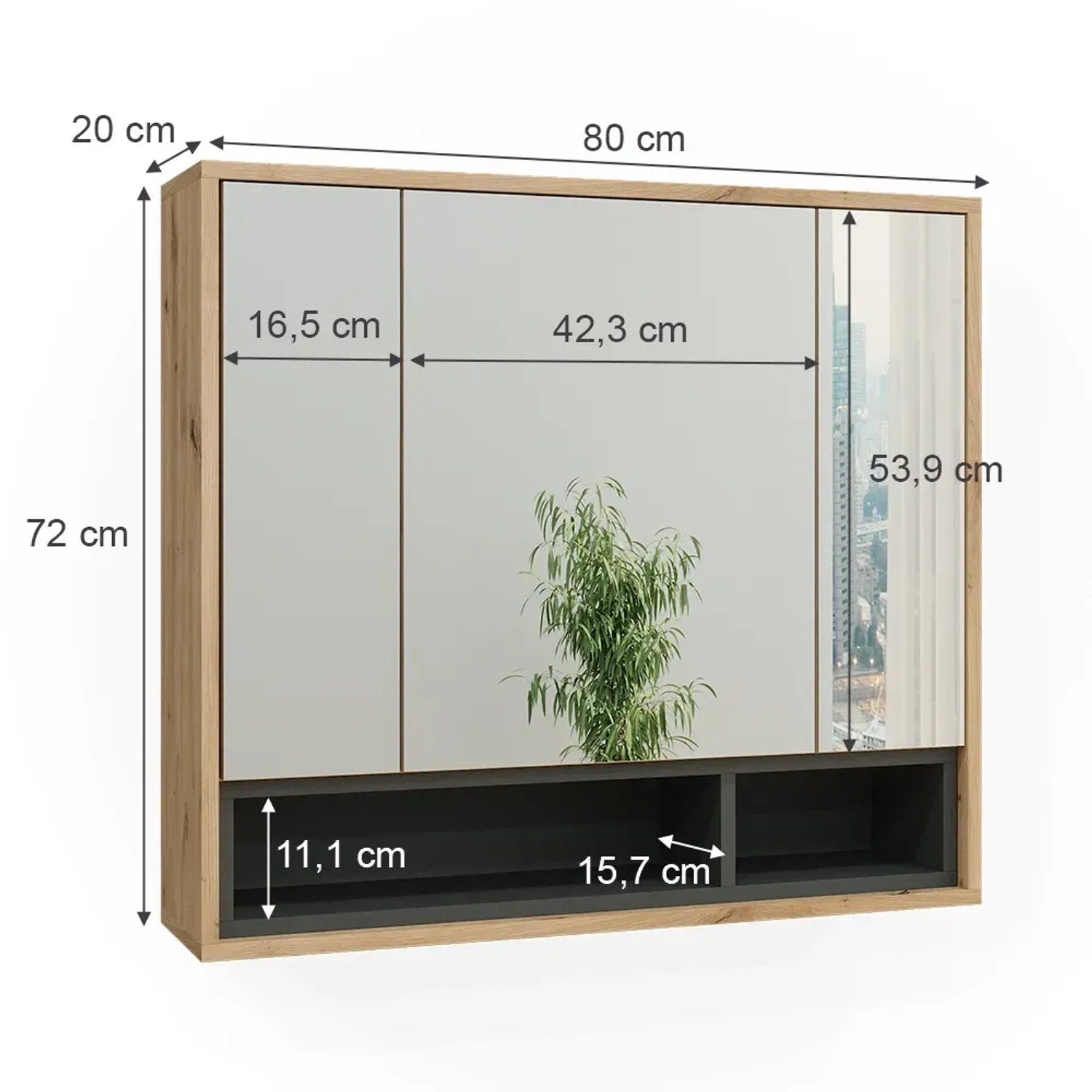 Vicco Badspiegelschrank Beatrice, Eiche/Anthrazit, 80x72 cm, mit drei Spiegeltüren und Ablagefächern.
