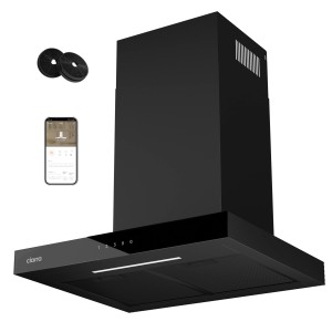 Schwarze CIARRA Dunstabzugshaube mit App-Steuerung, Kohlefilter und LED-Beleuchtung.
