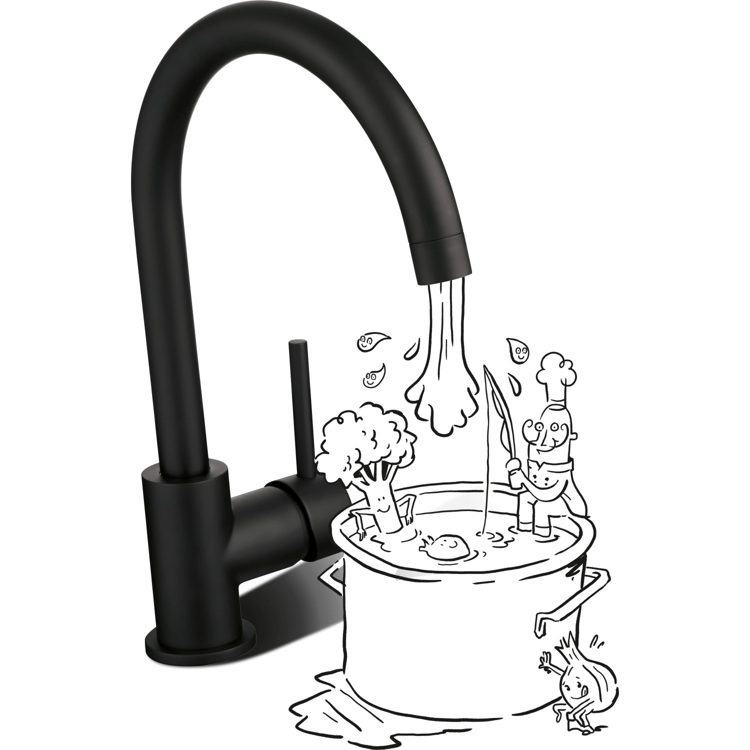 Schwarze baliv Küchenarmatur KI-1031 Einhebelmischer mit Illustration.