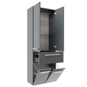 Pelipal Bad-Hochschrank 4005, Quarzgrau Hochglanz, 60 cm breit, mit Schublade und Wäschekippe.