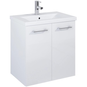 Weißer Waschbeckenunterschrank Cheese (60 cm) mit 2 Türen und chromfarbenen Griffen.