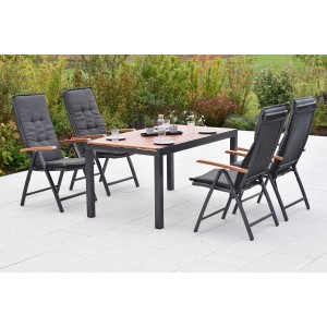 Merxx Thasos Gartenmöbel-Set, 9-teilig: Tisch (150/200x90 cm), 4 Klappsessel mit Auflagen. Moderne Gartengarnitur.