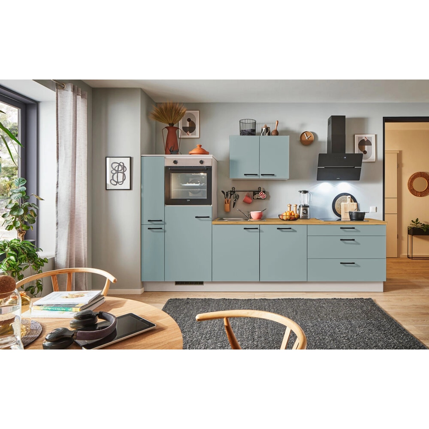 pino Küchenzeile 310 cm Fjordgrün Anschlag,inks 1 Geräte-. 1 Seitenschrank