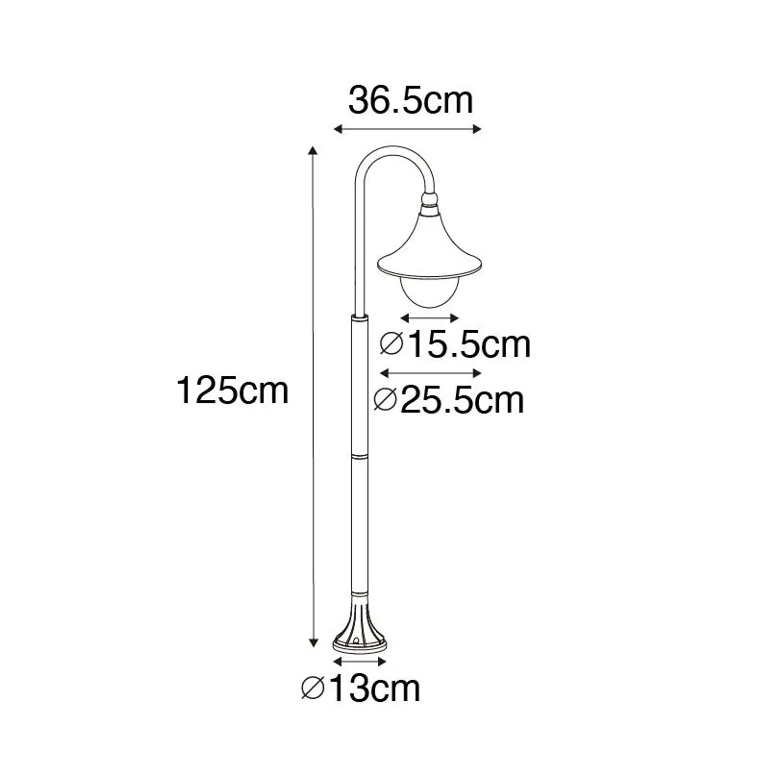 Technische Zeichnung der schwarzen QAZQA Außenlaterne Daphne, 125 cm hoch, zur Veranschaulichung der Abmessungen.
