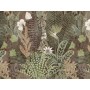 Grafische Fototapete mit botanischem Dschungelmotiv: gezeichnete grüne Palmenblätter, Farne und Blumen.