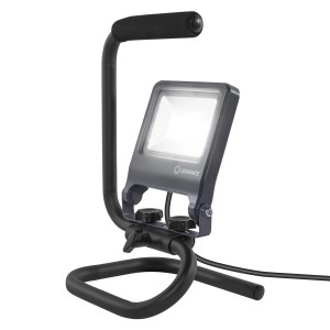 Ledvance LED-Baustrahler Worklight S-Stand, 20W, kaltweiß, mit Tragegriff und schwarzem Gestell.