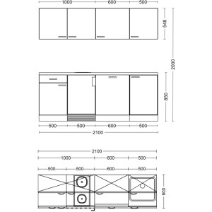 Skizze der Flex-Well Classic Büroküche Wito, 210 cm, in Weiß mit Maßen.