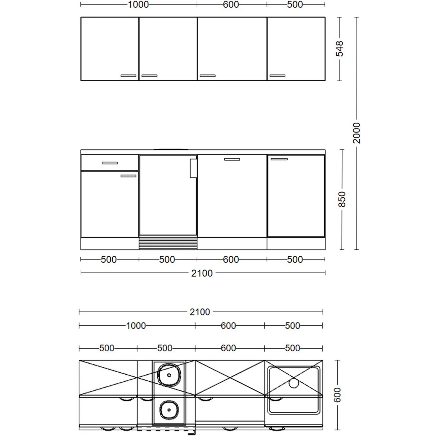 Skizze der Flex-Well Classic Büroküche Wito, 210 cm, in Weiß mit Maßen.