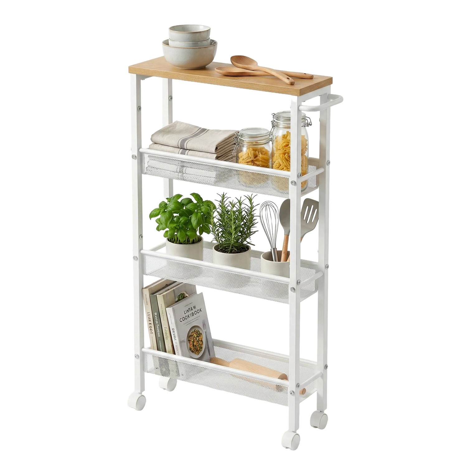 Relaxdays Nischenwagen Metall Hellbraun Weiß 4 Ebenen Mit Rollen 77 cm x 13 cm x 45 cm