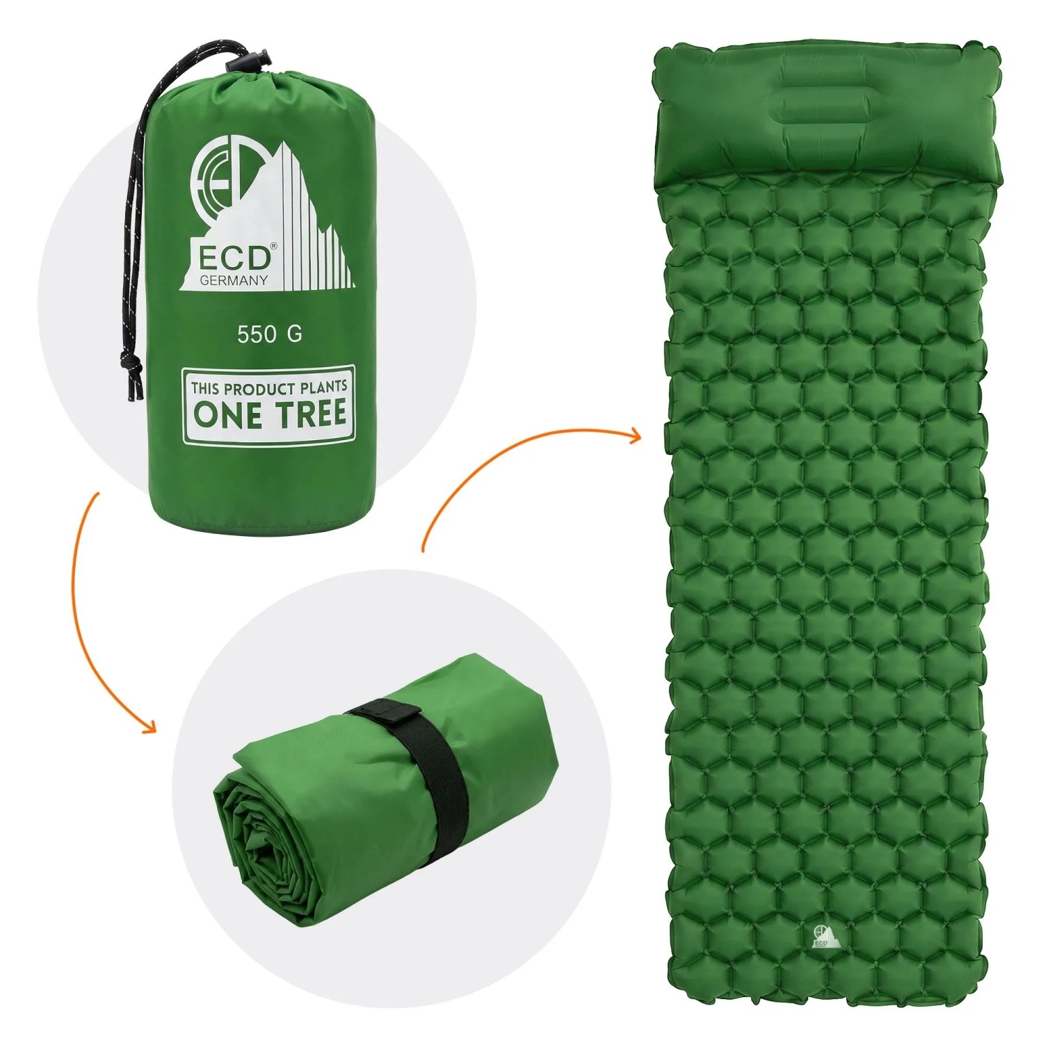 Grüne ECD Germany Isomatte Camping, 185x62x15 cm, aus Nylon, mit Packsack und gerollt.