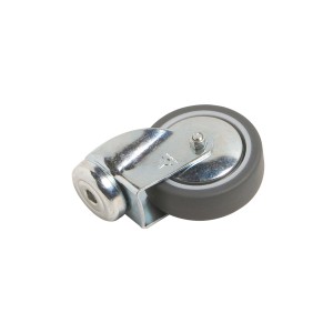 Apparaterolle Ø 75 mm mit Rückenloch, 50 kg Traglast, verzinktes Stahlblechgehäuse und grauem Gummireifen.