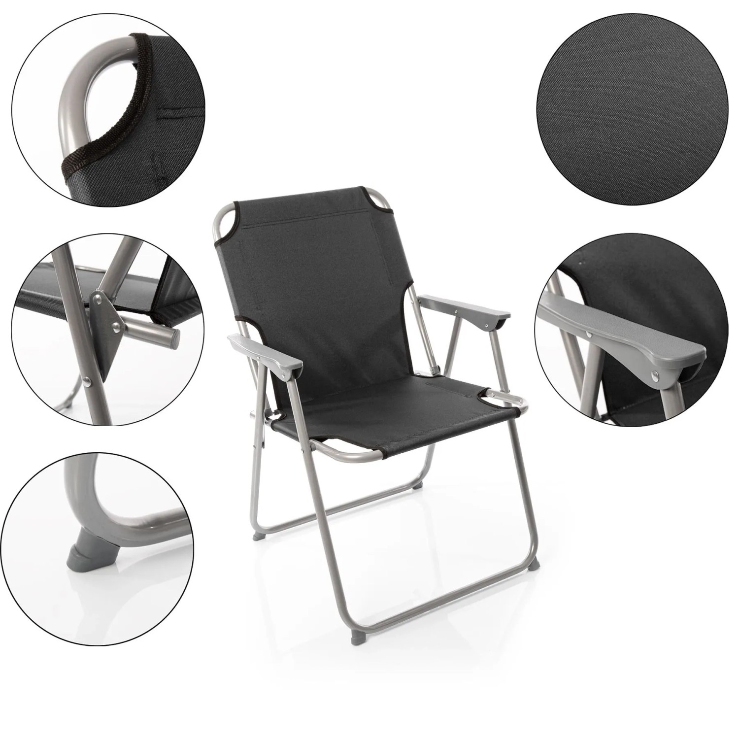 Anthrazit grauer Klappstuhl mit Metallgestell und Oxford-Gewebe. Robust, faltbar, ideal für Camping, Garten, Angeln.