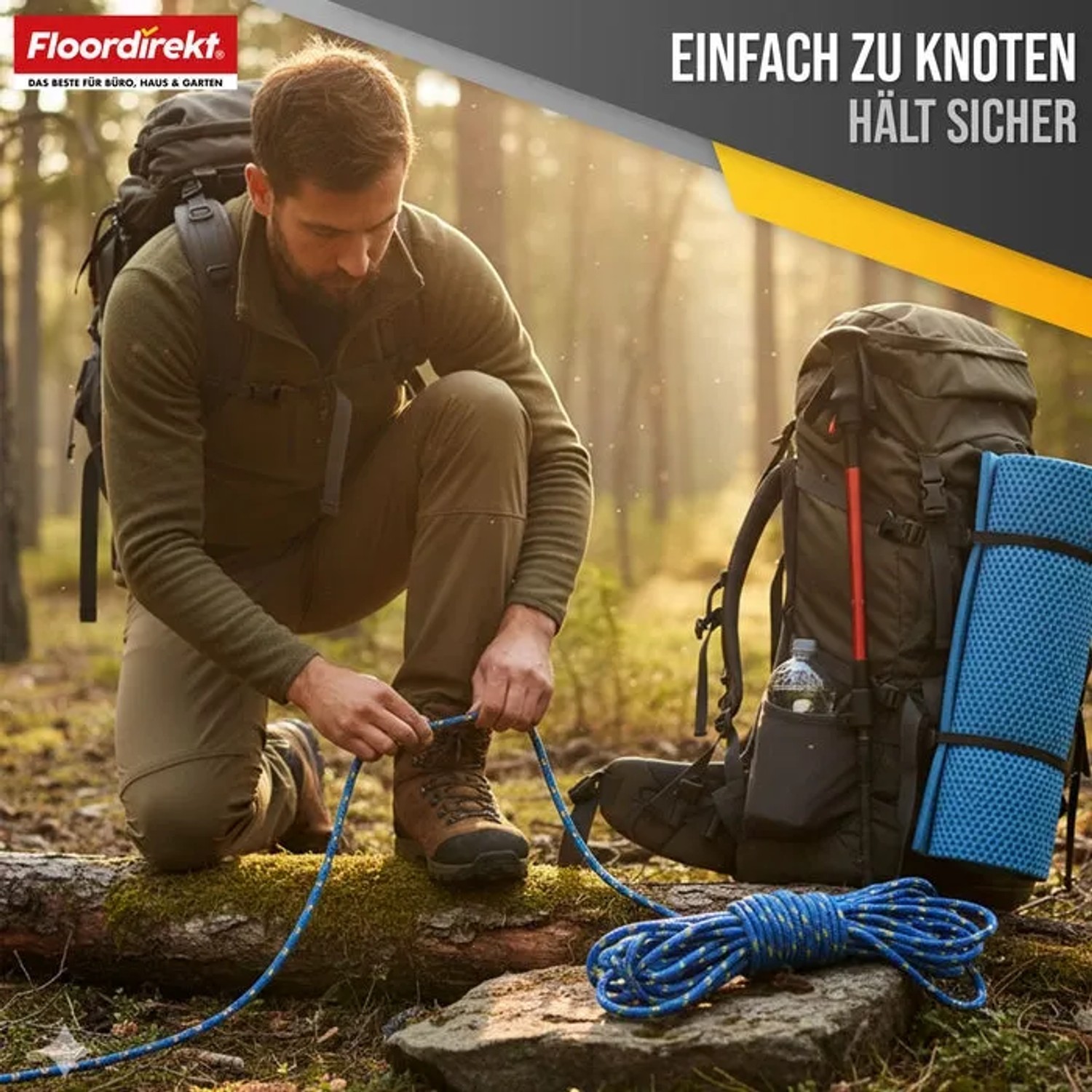 Mann knotet blau-gelbes Floordirekt Polypropylen Seil (Ø 10 mm, 20 m) im Outdoor-Einsatz.