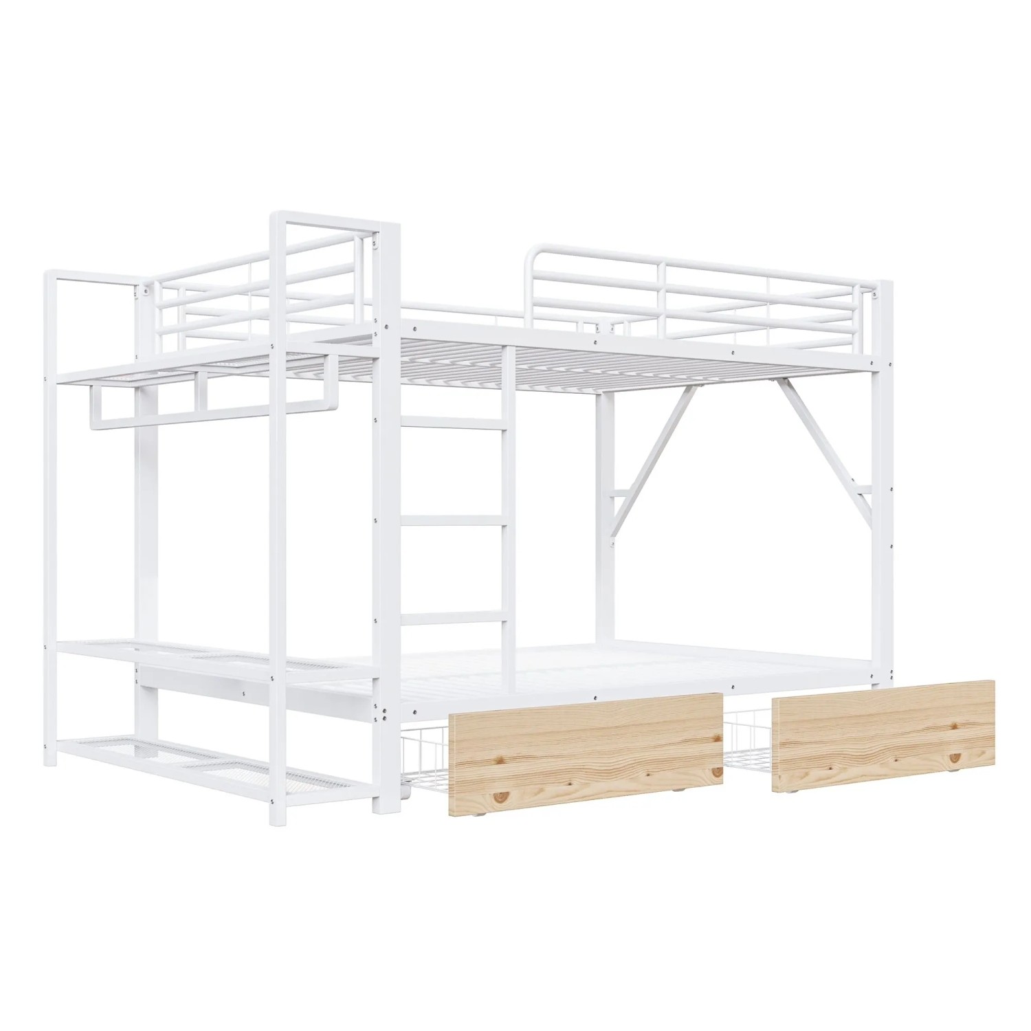 okwish Etagenbett 140x200cm mit LED und Kleiderstange 2 Schubladen Weiß ohne Matratze